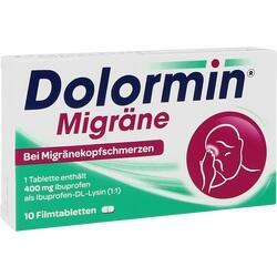 Verpackung von Dolormin Migräne mit 10 Filmtabletten gegen Kopfschmerzen.