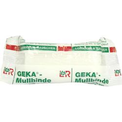 Eine verpackte Mullbinde mit grünem und rotem Aufdruck.
