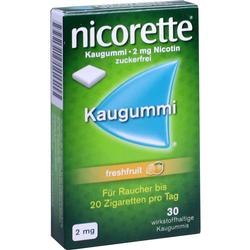 Grüne Packung Nicorette-Kaugummi mit 2 mg Nikotin, zuckerfrei, freshfruit-Geschmack.