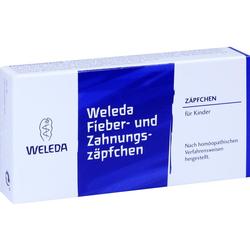 Blaue Packung mit der Aufschrift "Weleda Fieber- und Zahnungszäpfchen für Kinder".