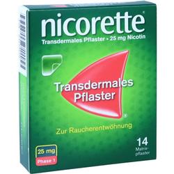Eine grüne Packung Nicorette Anti-Raucher Pflaster mit 25 mg Nikotin.