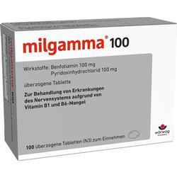 Eine weiße Medikamentenschachtel mit der Aufschrift "milgamma 100".