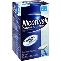 Blaue Packung Nikotinkaugummi zum Rauchstopp mit 96 Stück und Minzgeschmack.