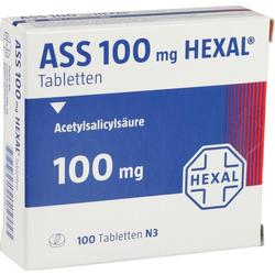 Die Verpackung zeigt ASS 100 mg Tabletten von Hexal.