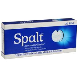 Eine blaue Verpackung von Spalt Schmerztabletten, gegen leichte bis mäßig starke Schmerzen.