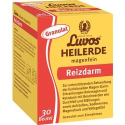 Gelbe Verpackung mit der Aufschrift "Luvos Heilerde Reizdarm", enthält 30 Beutel.