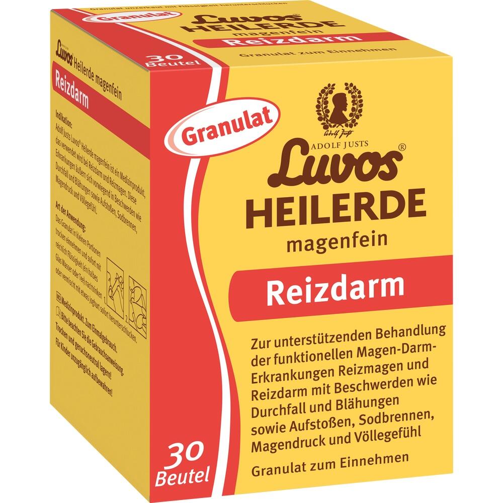Gelbe Verpackung mit der Aufschrift "Luvos Heilerde Reizdarm", enthält 30 Beutel.