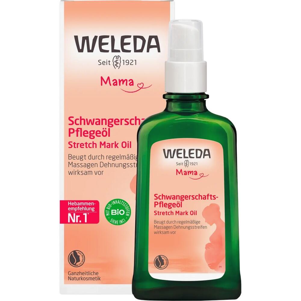 Grünes Weleda-Pflegeöl gegen Dehnungsstreifen in einer Flasche mit passender Verpackung.