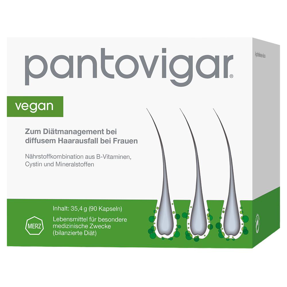 Verpackung eines Nahrungsergänzungsmittels gegen Haarausfall, vegan und für Frauen.