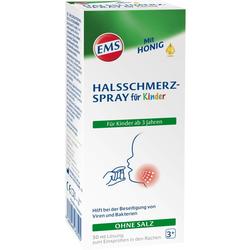 Weiße Verpackung eines Halsschmerz-Sprays für Kinder ab 3 Jahren, mit Honig.